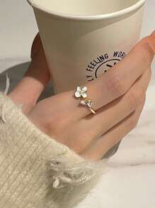 1入組經典優雅珍珠和方晶鋯石花開口戒指 - 金黃色 - 查看 2