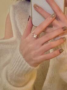 1入組經典優雅珍珠和方晶鋯石花開口戒指 - 金黃色 - 查看 3