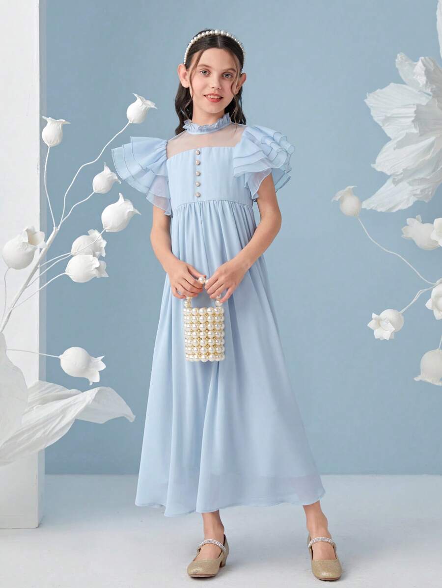 SHEIN Vestido largo con cintura elástica para niña, manga con volantes en capas y diseño de panel de canesú transparente - Celeste - Ver 1