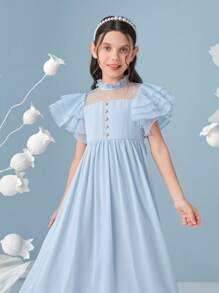SHEIN Vestido largo con cintura elástica para niña, manga con volantes en capas y diseño de panel de canesú transparente - Celeste - Ver 3