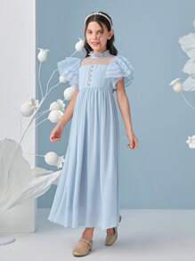 SHEIN Vestido largo con cintura elástica para niña, manga con volantes en capas y diseño de panel de canesú transparente - Celeste - Ver 4