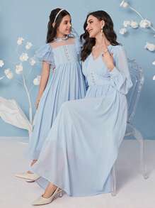 SHEIN Vestido largo con cintura elástica para niña, manga con volantes en capas y diseño de panel de canesú transparente - Celeste - Ver 6