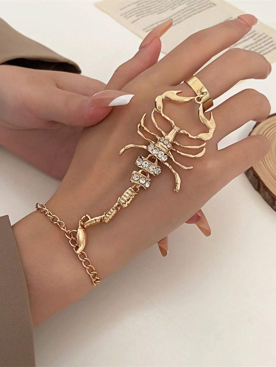 1pc Vintage & Scorpion Shaped Ring & Bracelet Set With Micro Inlay For Women - Yellow Gold - View 1