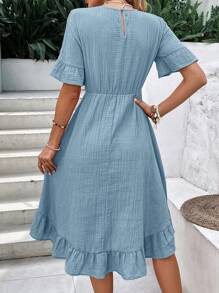 EMERY ROSE 1 pieza Vestido unicolor de manga con volante bajo con fruncido - Celeste - Ver 4