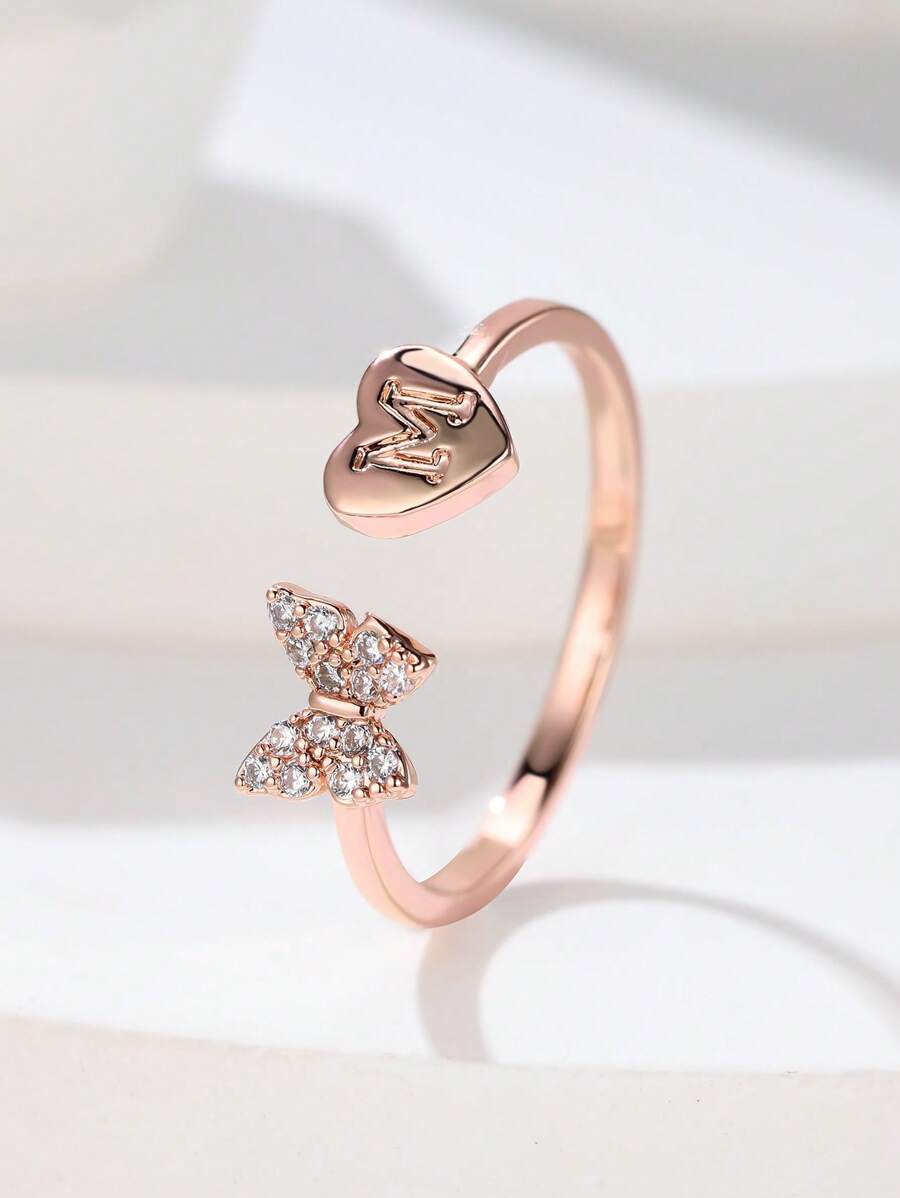 Đơn Giản Bướm & Trái Tim & Chữ M Thiết Kế Vòng Mở, Phong Cách Tinh Tế & Đáng Yêu Với Đính Đá Cubic Zirconia, Món Quà Lý Tưởng Cho Bạn Gái - Hoa hồng vàng - Xem 1