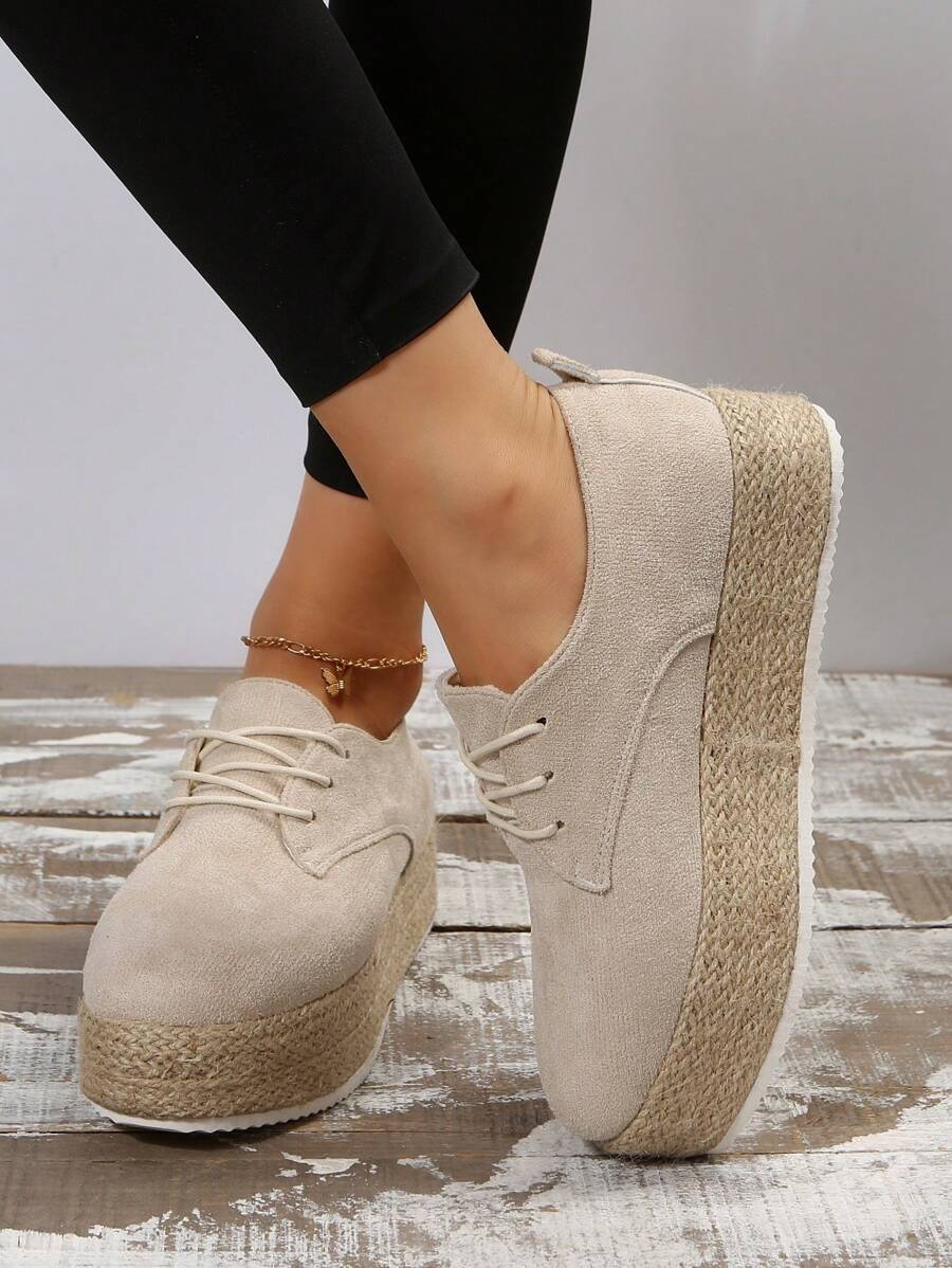 度假鞋適用於女士仿麂皮前綁帶編織厚底鞋