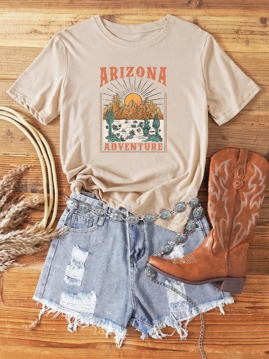 SHEIN LUNE Sun & Letter Graphic Tee - Apricot - View 1