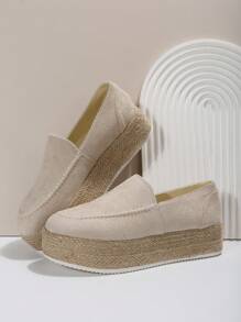 度假鞋適用於女士極簡仿麂皮編織厚底樂福鞋