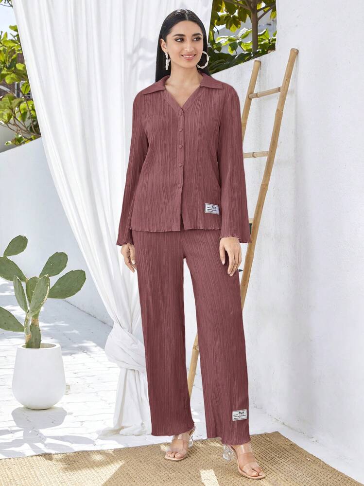 Seusyu Letter Patched Detail Drop Shoulder Shirt & Pants - Dusty Pink - View 1