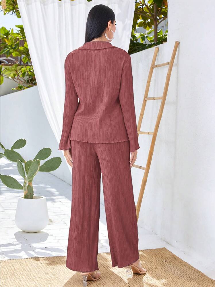 Seusyu Letter Patched Detail Drop Shoulder Shirt & Pants - Dusty Pink - View 2