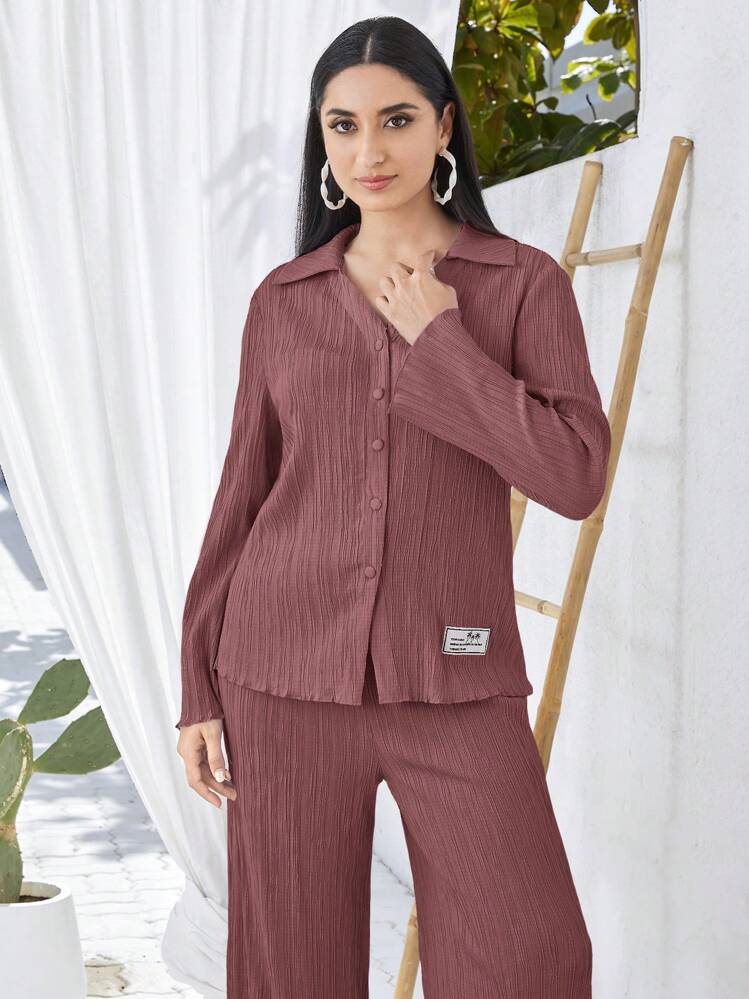 Seusyu Letter Patched Detail Drop Shoulder Shirt & Pants - Dusty Pink - View 3