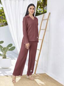 Mulvari Camisa con diseño de parche de letra de hombros caídos con pantalones - Rosa vieja - Ver 4