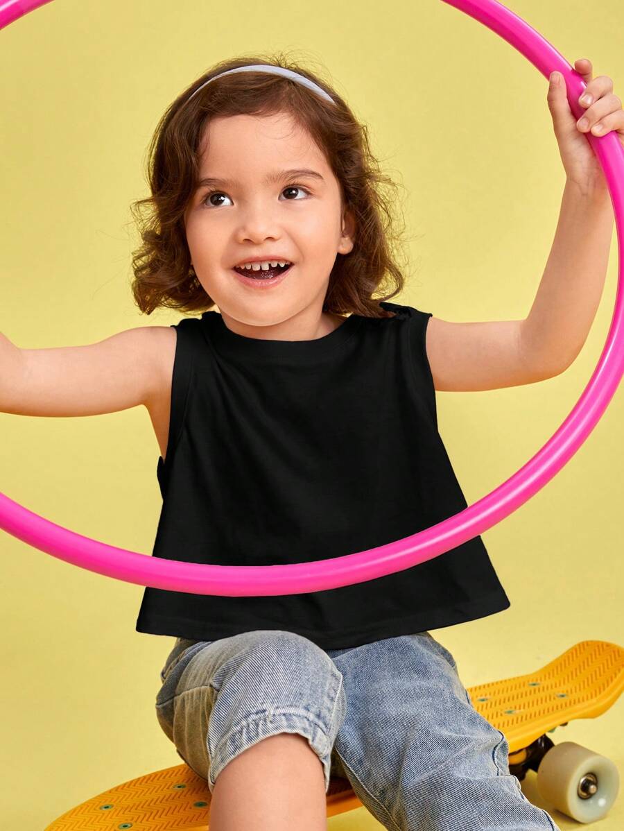 SHEIN Áo ba lỗ & áo hai dây cho bé gái mới biết đi màu trơn Giải trí - màu đen - Xem 1