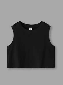 SHEIN Áo ba lỗ & áo hai dây cho bé gái mới biết đi màu trơn Giải trí - màu đen - Xem 4
