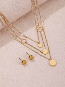 Women's Gold Layered Stainless Steel Necklace 18k Gold-Plated Exquisite Smooth Round Gold Coin Earrings Fashionable Layered Heart Cute Pendant Necklace Set Of Women's Ear Studs Gold Jewelry, For Valentine's Day, Wedding Season, Anniversaries, Mother's Day, Gifts For Family And Friends
