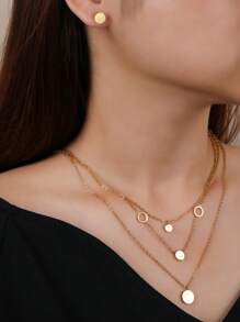 Women's Gold Layered Stainless Steel Necklace 18k Gold-Plated Exquisite Smooth Round Gold Coin Earrings Fashionable Layered Heart Cute Pendant Necklace Set Of Women's Ear Studs Gold Jewelry, For Valentine's Day, Wedding Season, Anniversaries, Mother's Day, Gifts For Family And Friends
