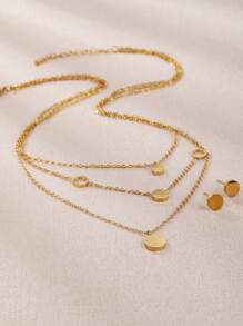 Women's Gold Layered Stainless Steel Necklace 18k Gold-Plated Exquisite Smooth Round Gold Coin Earrings Fashionable Layered Heart Cute Pendant Necklace Set Of Women's Ear Studs Gold Jewelry, For Valentine's Day, Wedding Season, Anniversaries, Mother's Day, Gifts For Family And Friends
