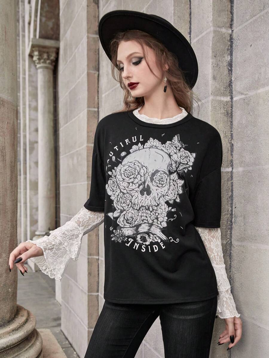 LOLITAGraphics 骷髏和花卉印花蕾絲拼接荷葉袖T恤 - 黑色 - 查看 1
