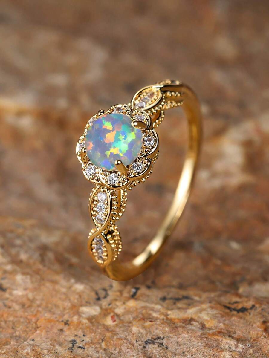Vanel 1pc Vintage Gold Flower & Lace Detail Opal Ring, Retro Palace Style Opal Ring As Gift For Wife/Mom Valentines,Mom,Mother,Mother's Day,Gift