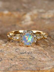 Vanel 1pc Vintage Gold Flower & Lace Detail Opal Ring, Retro Palace Style Opal Ring As Gift For Wife/Mom Valentines,Mom,Mother,Mother's Day,Gift
