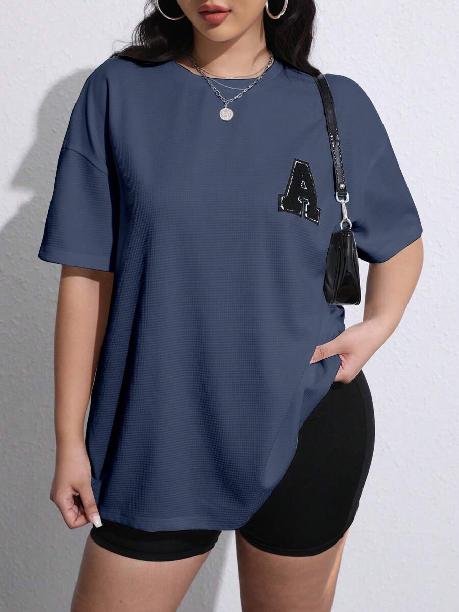 SHEIN EZwear Plus Letter Patched Drop Shoulder Tee - Dusty Blue - View 1