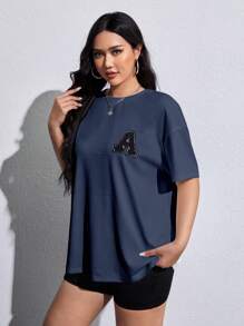 SHEIN EZwear Plus Letter Patched Drop Shoulder Tee - Dusty Blue - View 3