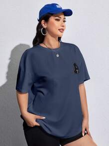 SHEIN EZwear Plus Letter Patched Drop Shoulder Tee - Dusty Blue - View 4