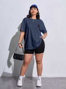 SHEIN EZwear Plus Letter Patched Drop Shoulder Tee - Dusty Blue - View 5