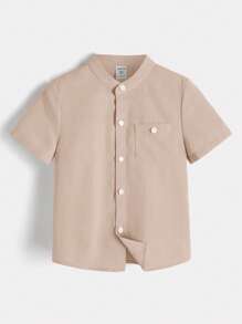SHEIN 小男童素色前紐扣襯衫 - 卡其色 - 查看 1