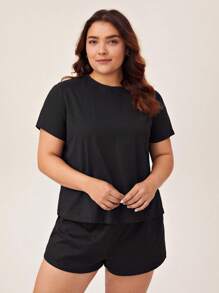 SHEIN BASICS Plus  Solid Tee & Shorts - Black - View 1