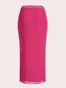 SHEIN EZwear 木耳邊網紗覆蓋半身裙 - 玫紅色 - 查看 1