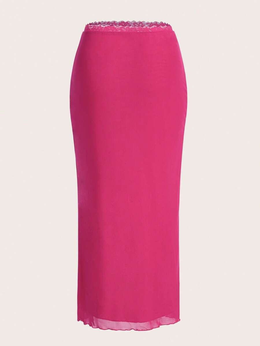 SHEIN EZwear 木耳邊網紗覆蓋半身裙 - 玫紅色 - 查看 1