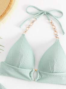 SHEIN Swim Bañador bikini halter vinculado con cadena - verde menta - Ver 3