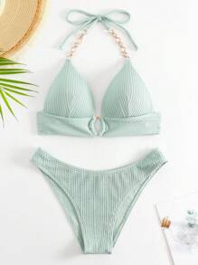 SHEIN Swim Bañador bikini halter vinculado con cadena - verde menta - Ver 5