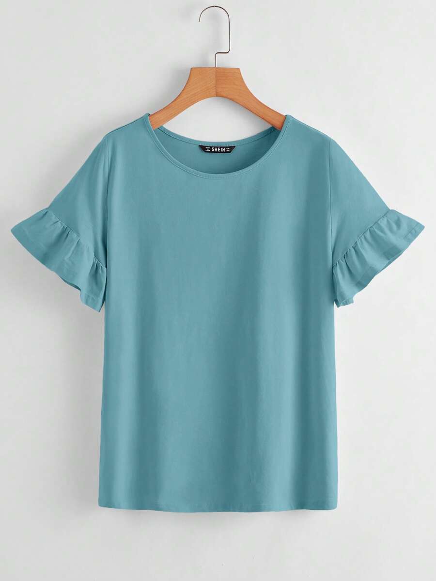 SHEIN LUNE 荷葉邊袖口素色上衣 - 青碧色 - 查看 1
