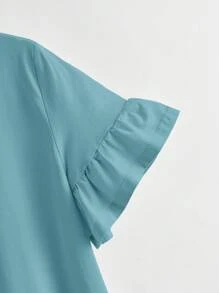 SHEIN LUNE 荷葉邊袖口素色上衣 - 青碧色 - 查看 3