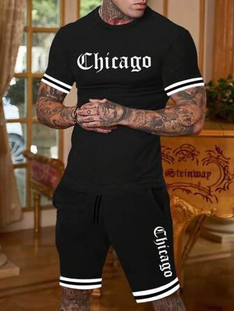 Manfinity Roughcore 男士字母圖案T恤和腰部抽繩短褲