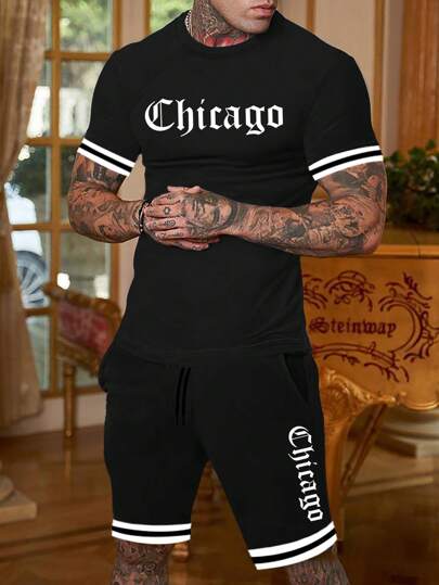 Manfinity Roughcore Hombres con estampado de letra Camiseta & de cintura con cordón Shorts