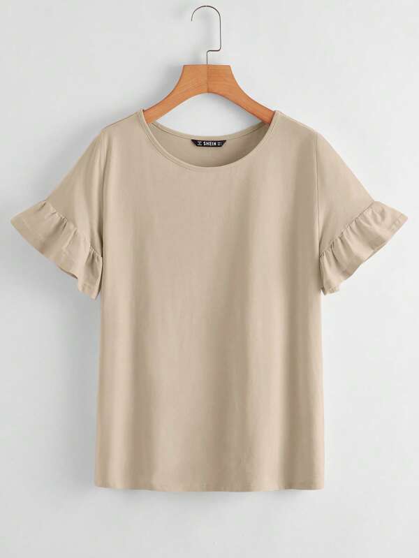 SHEIN LUNE 荷叶边袖口纯色 T 恤卡其色上衣基本款上衣女士基本款上衣