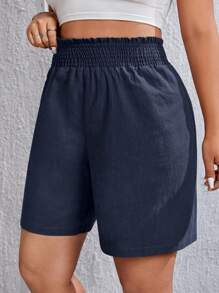 SHEIN EZwear 大碼素色彈性腰帶短褲 - 藏蓝色 - 查看 1