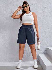 SHEIN EZwear 大碼素色彈性腰帶短褲 - 藏蓝色 - 查看 4