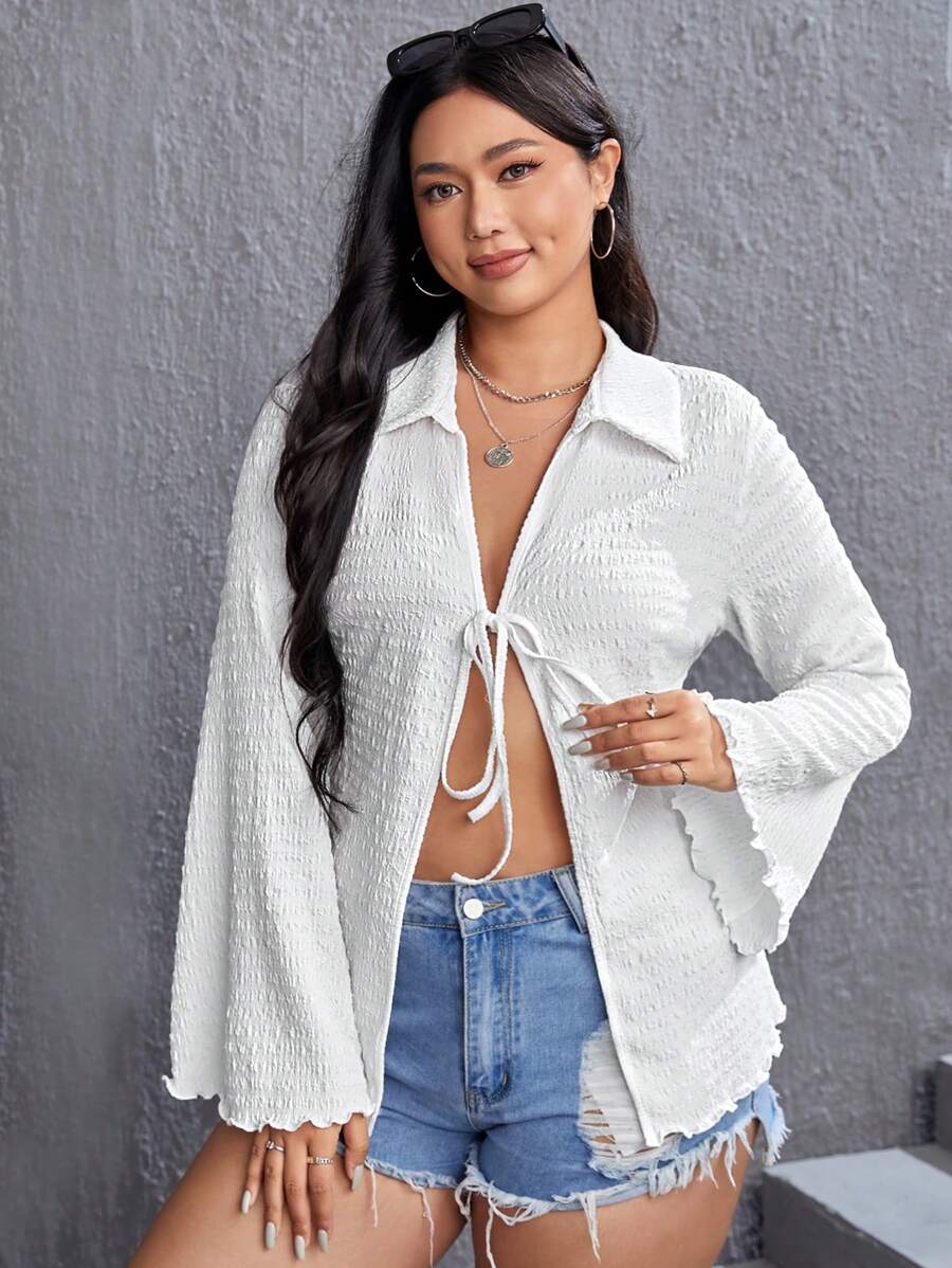 SHEIN EZwear Áo thun Plus size Xù nhỏ Thắt nơ trước màu trơn Giải trí - trắng - Xem 1