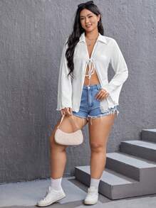 SHEIN EZwear Áo thun Plus size Xù nhỏ Thắt nơ trước màu trơn Giải trí - trắng - Xem 3