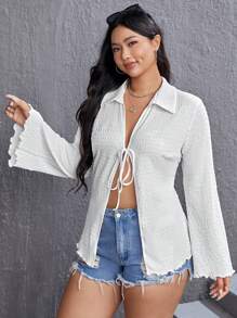 SHEIN EZwear Áo thun Plus size Xù nhỏ Thắt nơ trước màu trơn Giải trí - trắng - Xem 4