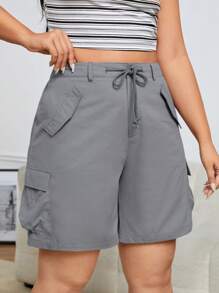 SHEIN EZwear Plus Drawstring Waist Flap Pocket Side Cargo Shorts - Grey - View 1