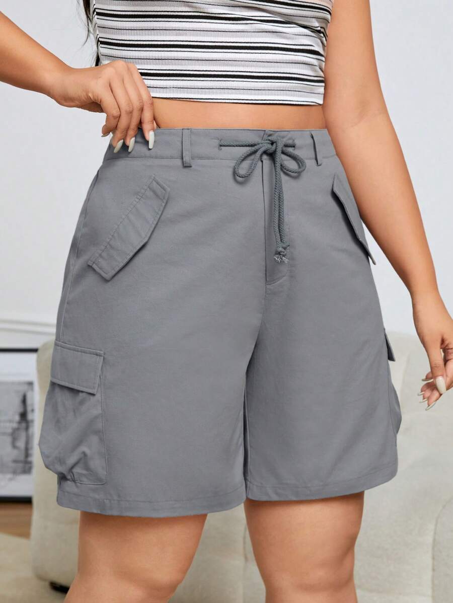 SHEIN EZwear Plus Drawstring Waist Flap Pocket Side Cargo Shorts - Grey - View 1