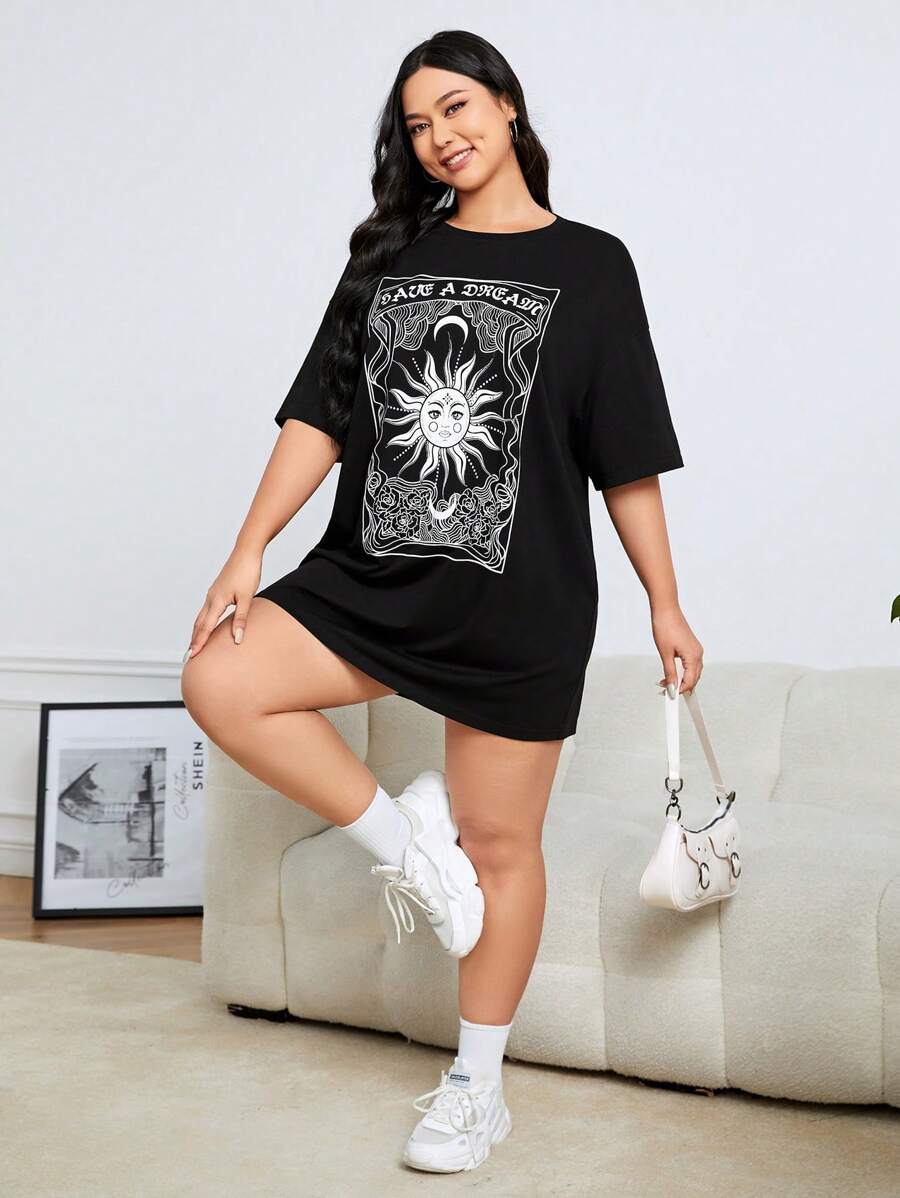 SHEIN EZwear 夏季太阳和月亮印花落肩 T 恤连衣裙 - 黑色 - 查看 1