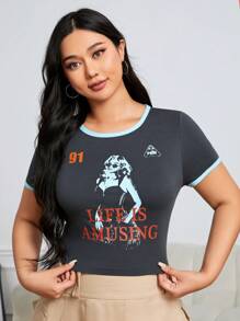 SHEIN EZwear Plus Figure & Slogan Graphic Contrast Binding Tee - Dark Grey - View 1