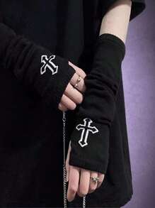 ROMWE Goth 1pair Women Cross Pattern Fingerless Gloves For Dailyy2k - Black - View 1