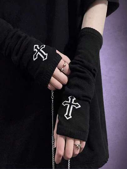 Goth 1pair Women Cross Pattern Fingerless Gloves For Dailyy2k